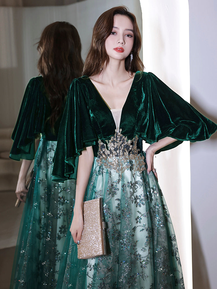 Dark Green Velvet with Tulle Long Party Dress, Dark Green A-line Formal Dress Prom Dress Dark Green Velvet with Tulle Long Party Dress, Dark Green A-line Formal Dress Prom Dress