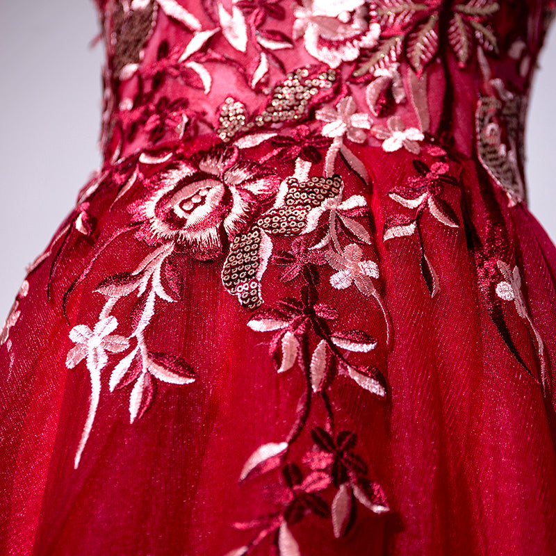 Beautiful Red Tulle A-line Long Prom Dress, Prom Dress  with Flower Applique