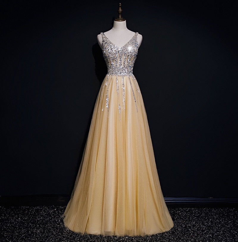 Light Champagne Sequins Shiny Tulle Long Prom Dress, Elegant Party Dre – Cutedressy