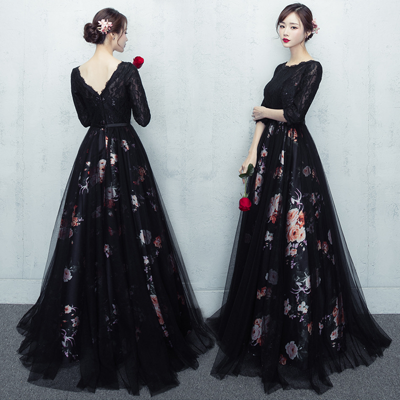 Beautiful Black Tulle and Lace Round Neckline Party Dress, Floral Prom Dress