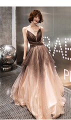 Unique Tulle V-neckline Straps A-line Gradient Party Dress, Tulle Long Evening Dress Prom Dress