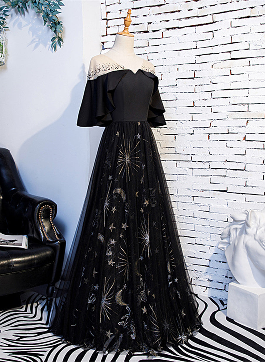 Black Tulle Beaded Long Party Dress, A-line Black Formal Dress Prom Dr Cutedressy Black Tulle Beaded Long Party Dress, A-line Black Formal Dress Prom Dr Cutedressy