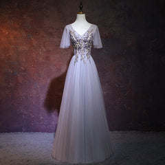 Light Grey Tulle Long V-neckline Party Dress, Tulle Bridesmaid Dress