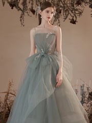 Light Green Tulle with Lace Long Junior Prom Dress, Green Formal Dresses