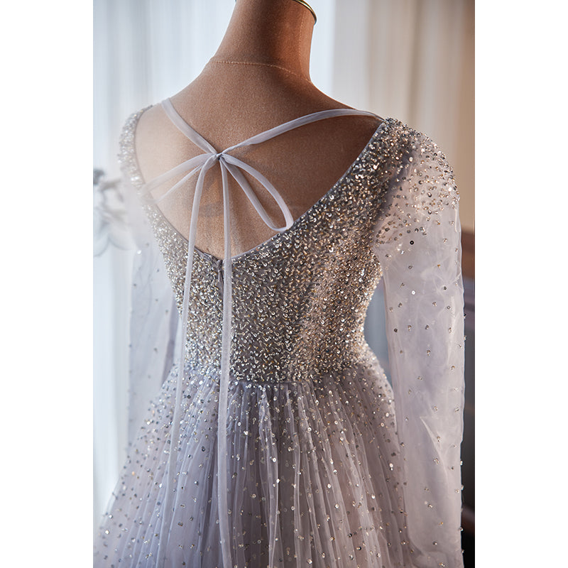 A-line Tulle Sequins Long Sleeves Party Dress, Sliver-Grey Shiny Prom Cutedressy A-line Tulle Sequins Long Sleeves Party Dress, Sliver-Grey Shiny Prom Cutedressy