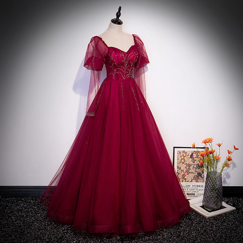 Wine Red Tulle Long Sleeves A-line Party Dress Prom Dress, Burgundy Tu Cutedressy Wine Red Tulle Long Sleeves A-line Party Dress Prom Dress, Burgundy Tu Cutedressy