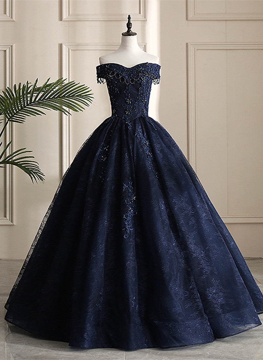 Navy Blue Sweetheart with Lace Applique Sweet 16 Dress, Blue Long Form ...