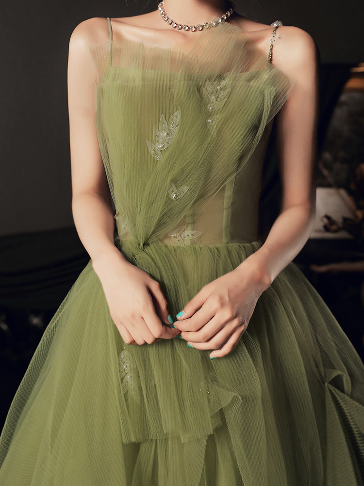 Light Green Tulle A-line Straps Formal Gown 2022, Green Evening Party Dresses