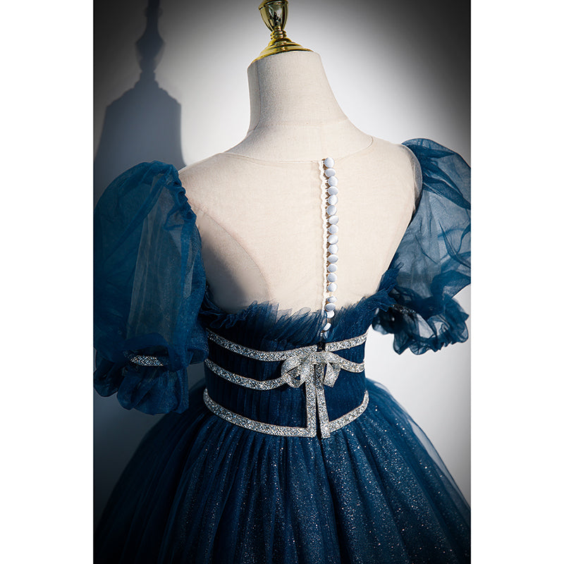 Shiny Tulle Blue Short Sleeves Long Formal Dress, Blue Evening Prom Dress