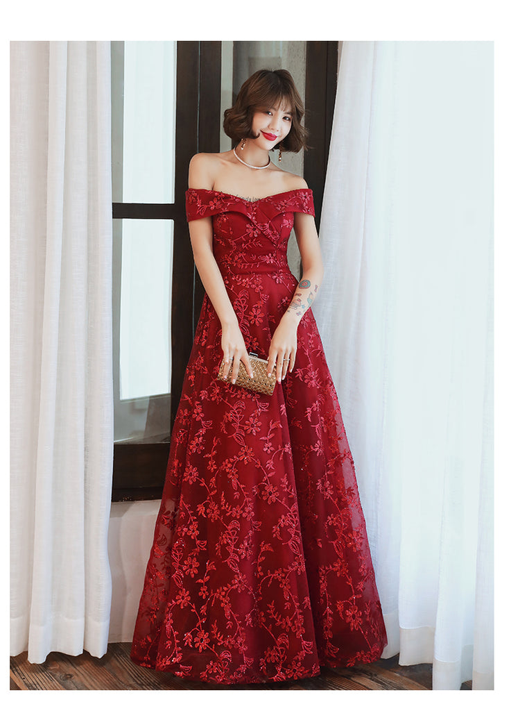Dark Red Lace Off Shoulder Bridesmaid Dress, Long Prom Dress – Cutedressy