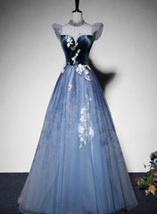 Blue Short Sleeves Tulle with Lace Long Party Dress, Blue Formal Gowns