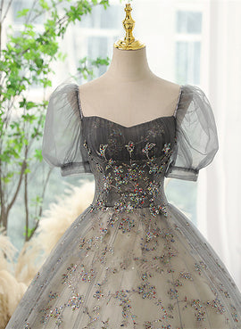 Beautiful Ball Gown Tulle Short Sleeves Long Party Dress, Tulle with Lace Prom Dress