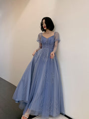 Blue Tulle Beaded Long Formal Dress Party Dress, Beautiful Blue Prom Dresses