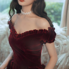 Cute Short Burgundy Sweetheart Off Shoulder Tea Length Party Dress, Velvet Prom Dress