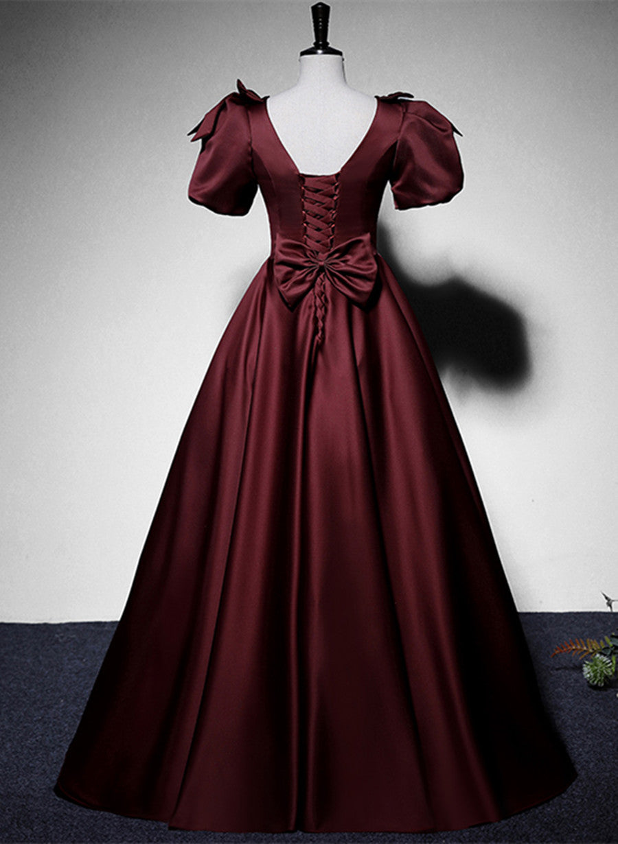 Maroon Satin Short Sleeves Low Back Long Prom Dress, Maroon Evening Dress