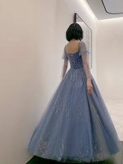 Blue Tulle Beaded Long Formal Dress Party Dress, Beautiful Blue Prom Dresses