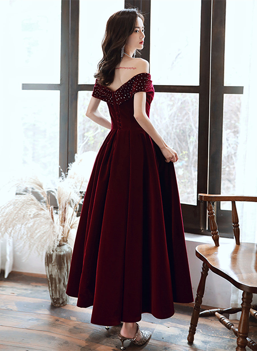 Burgundy Velvet Off Shoulder Long Wedding Party Dress, Burgundy Prom Dress