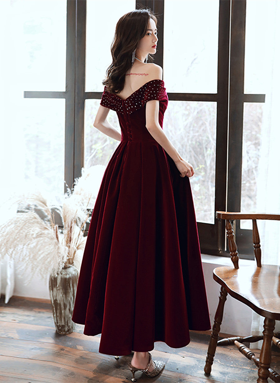 Burgundy Velvet Off Shoulder Long Wedding Party Dress, Burgundy Prom D – Cutedressy Burgundy Velvet Off Shoulder Long Wedding Party Dress, Burgundy Prom D – Cutedressy