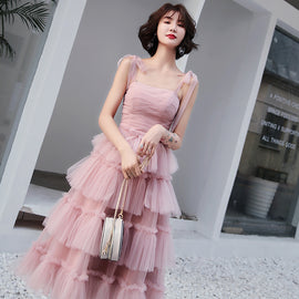 Lovely Pink Straps Layers Tea Length Wedding Party Dress, Pink Formal Dress