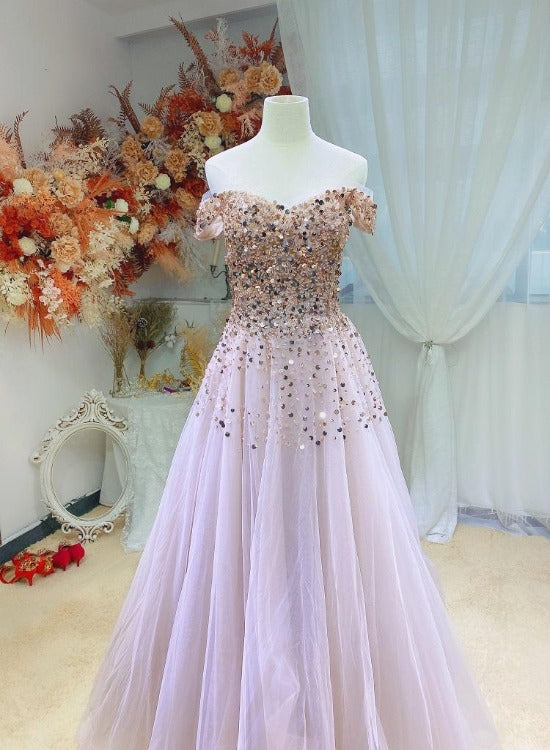 Shiny Sequins Tulle Backless Sparkly Pink Long Prom Formal Dress GJS461 main image 0