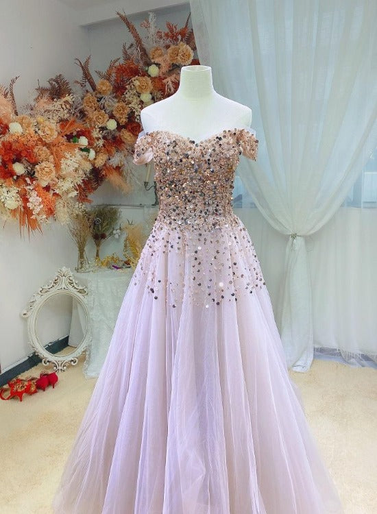 Pink Shiny Sequins Off Shoulder Tulle Ball Gown Prom Dress, Pink Long Party Dress
