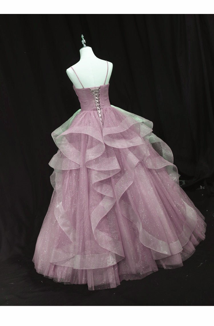 Pink Tulle Straps Long Formal Dress Prom Dress, Pink Ball Gown Sweet 16 Dresses