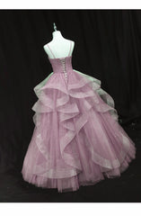 Pink Tulle Straps Long Formal Dress Prom Dress, Pink Ball Gown Sweet 16 Dresses