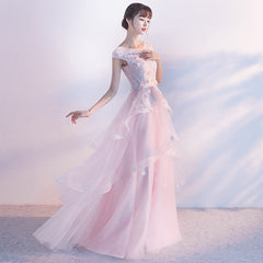 Beautiful Pink Flower Tulle and Satin Long Evening Dress, Pink Formal Dress