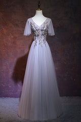 Light Grey Tulle Long V-neckline Party Dress, Tulle Bridesmaid Dress
