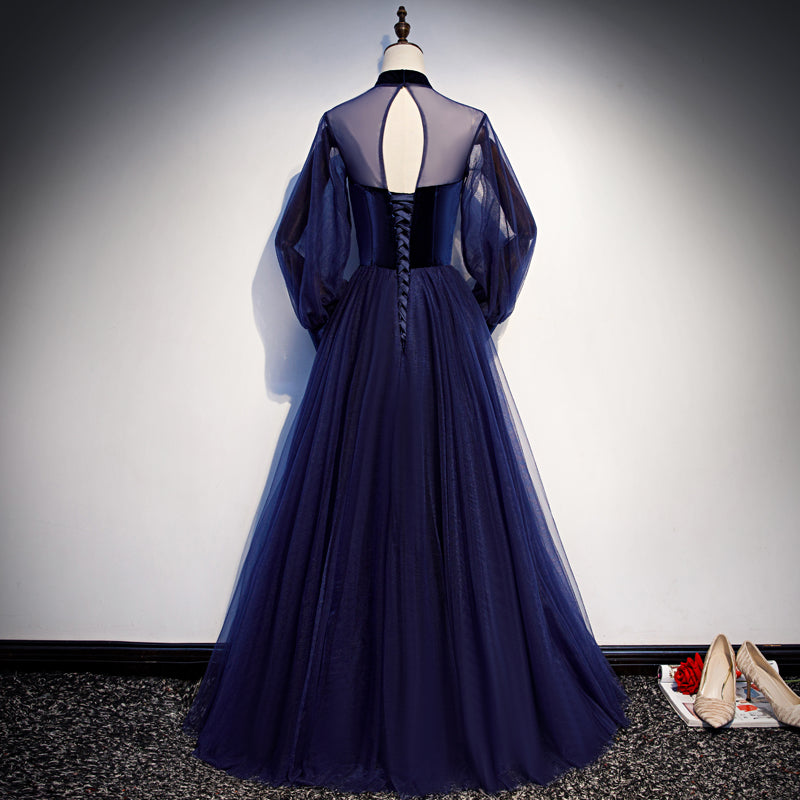 Navy Blue Velvet and Tulle A-line Long Sleeves Prom Dresses, Blue Bridesmaid Dresses