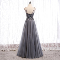 Grey Beaded Straps Sweetheart Shiny Tulle Long Party Dresses, Grey Long Prom Dresses
