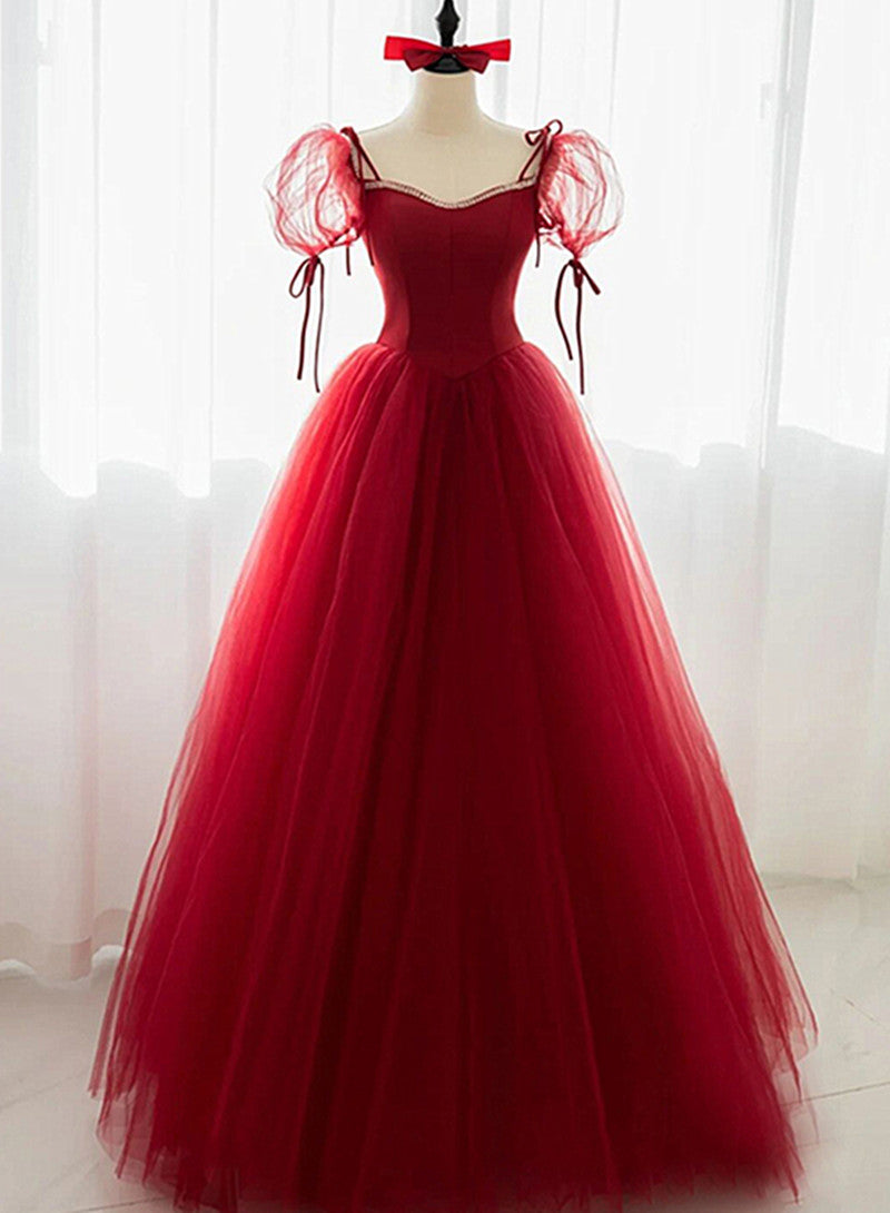 Dark Red Sweetheart Beaded Short Sleeves Prom Dress, Wine Red Evening Gown