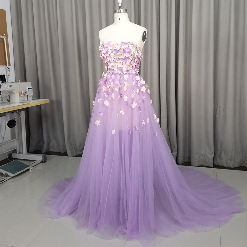Beautiful Light Purple Tulle with Flowers Party Gown, Tulle Prom Dress Cutedressy Beautiful Light Purple Tulle with Flowers Party Gown, Tulle Prom Dress Cutedressy