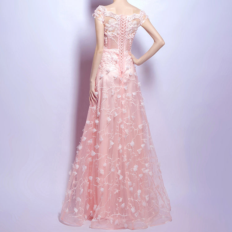 Pearl Pink Lace Off Shoulder Elegant Long Prom Dress, Floral Lace A-li Cutedressy Pearl Pink Lace Off Shoulder Elegant Long Prom Dress, Floral Lace A-li Cutedressy