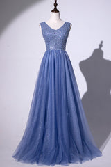Elegant Blue Beaded Tulle Long Junior Prom Dress, Sequins Prom Dress