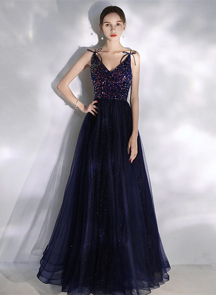 Navy Blue V-neckline Sequins and Tulle Party Dress, A-line Blue Prom Dress