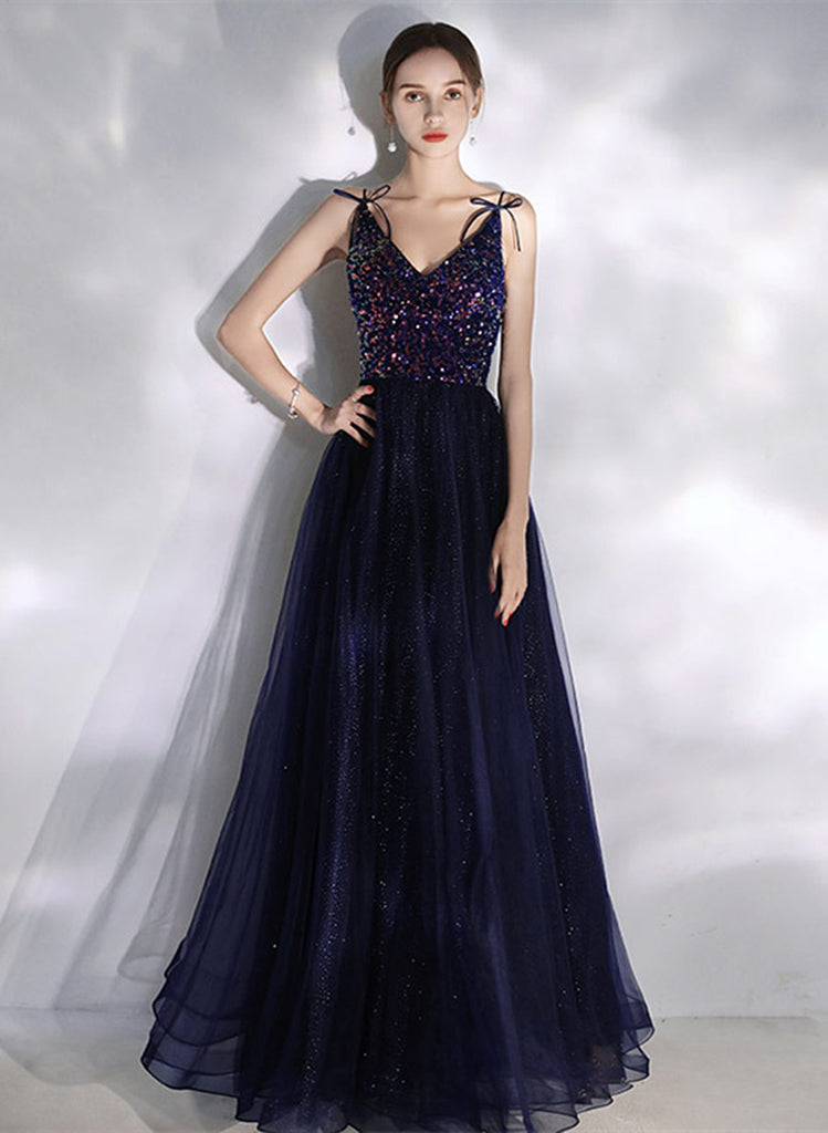 A Line Blue V Neck Tulle Sequins Prom Dress LBQ4210