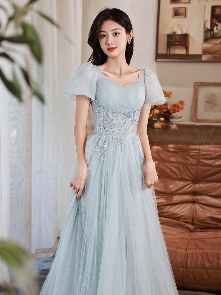 Light Blue Short Sleeves Beaded Tulle Long Formal Dress, Blue A-line Prom Dresses