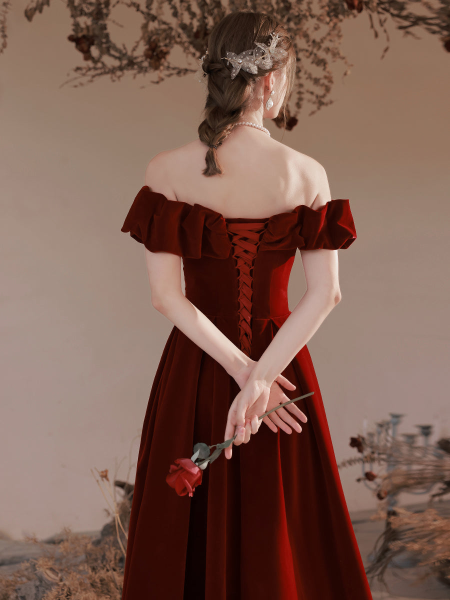 Off Shoulder Simple Velvet Long Evening Dress Prom Dress, Dark Red For Cutedressy Off Shoulder Simple Velvet Long Evening Dress Prom Dress, Dark Red For Cutedressy