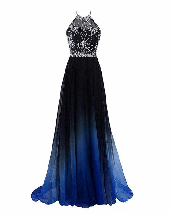 New Chiffon Blue Gradient Beaded Party Dress, A-line Long Prom Dress ...