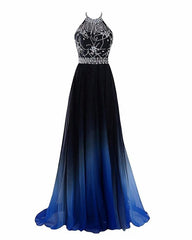 New Chiffon Blue Gradient Beaded Party Dress, A-line Long Prom Dress