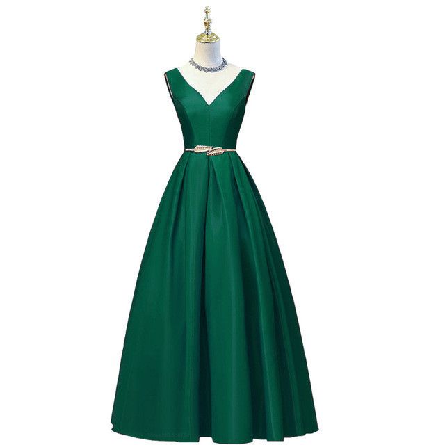 A-line V-neckline Satin Simple Party Dress with Belt, Long Evening Dresses Formal Dresses