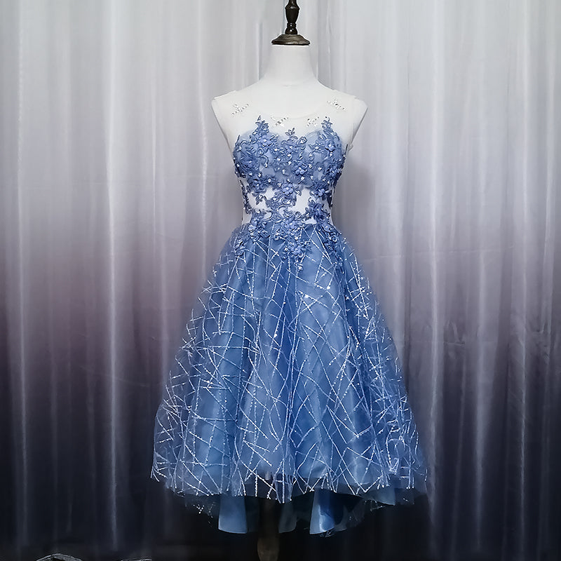 Blue Lace Round Neckline High Low Party Dress, Blue Short Homecoming D Cutedressy Blue Lace Round Neckline High Low Party Dress, Blue Short Homecoming D Cutedressy