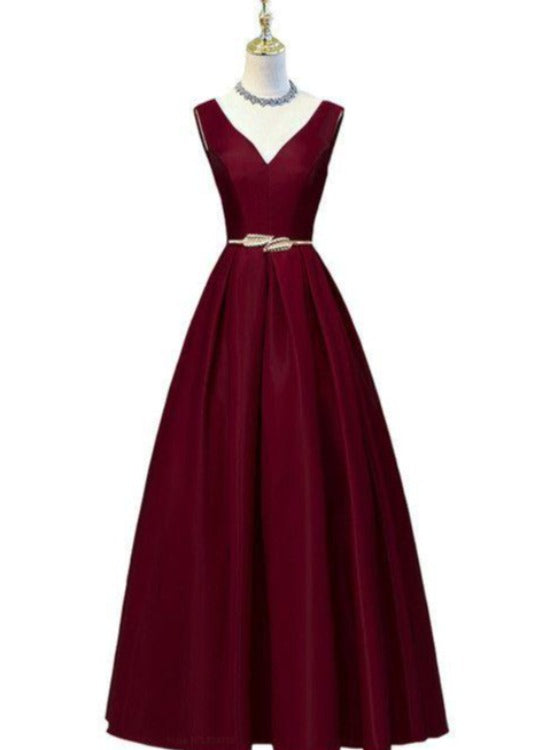 A-line V-neckline Satin Simple Party Dress with Belt, Long Evening Dresses Formal Dresses