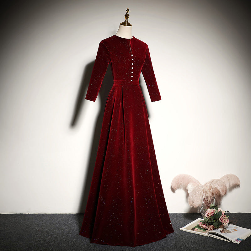 New Style Wine Red Velvet Long Sleeves Prom Dress, A-line Floor Length Cutedressy New Style Wine Red Velvet Long Sleeves Prom Dress, A-line Floor Length Cutedressy