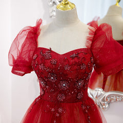Beautiful Gradient Red Tulle Beaded Puffy Sleeves Formal Dress, A-line Tulle Prom Dresses