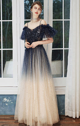 Blue and Champagne Gradient Off Shoulder Party Dress, A-line Long Prom Dress