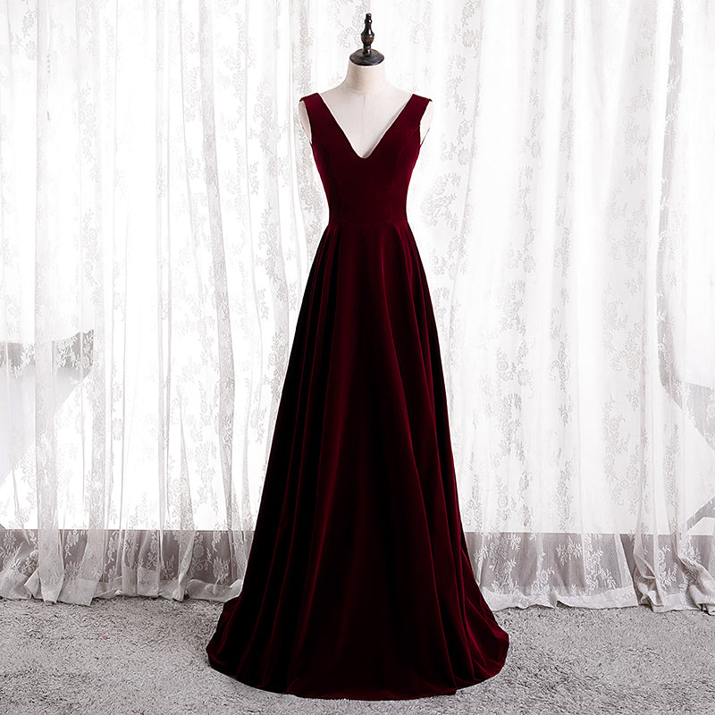 Beautiful Wine Red Simple Long A-ine Wedding Party Dress, Dark Red Prom Dresses