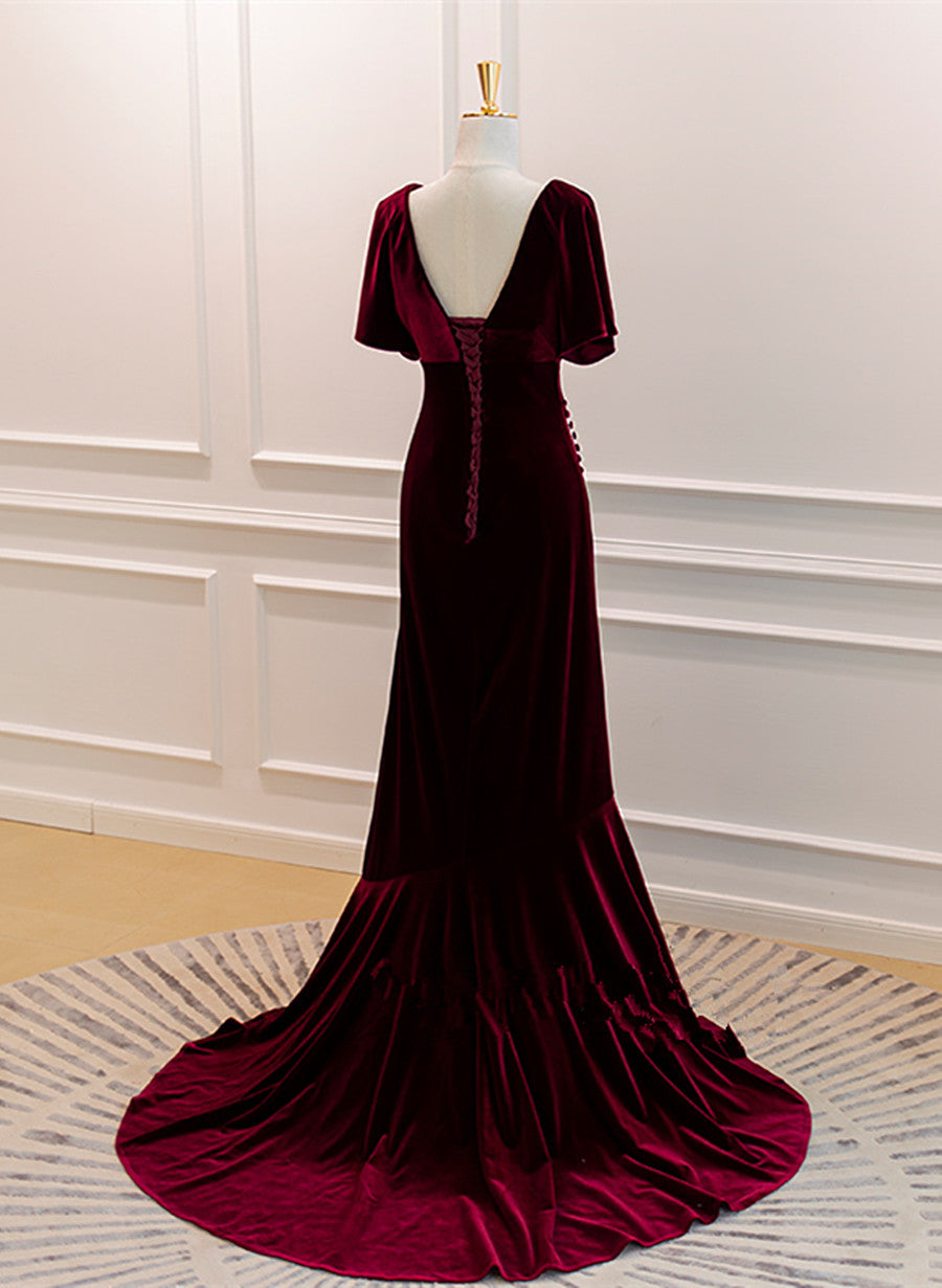 Wine Red Velvet Long Wedding Party Dress with Leg Slit, Wine Red Forma Cutedressy Wine Red Velvet Long Wedding Party Dress with Leg Slit, Wine Red Forma Cutedressy