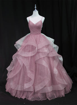 Pink Tulle Straps Long Formal Dress Prom Dress, Pink Ball Gown Sweet 16 Dresses